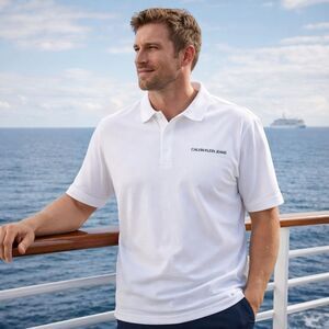 Calvin Klein Polo Shirt Mens L White Graphic Print Back Logo Minimalist Vacation